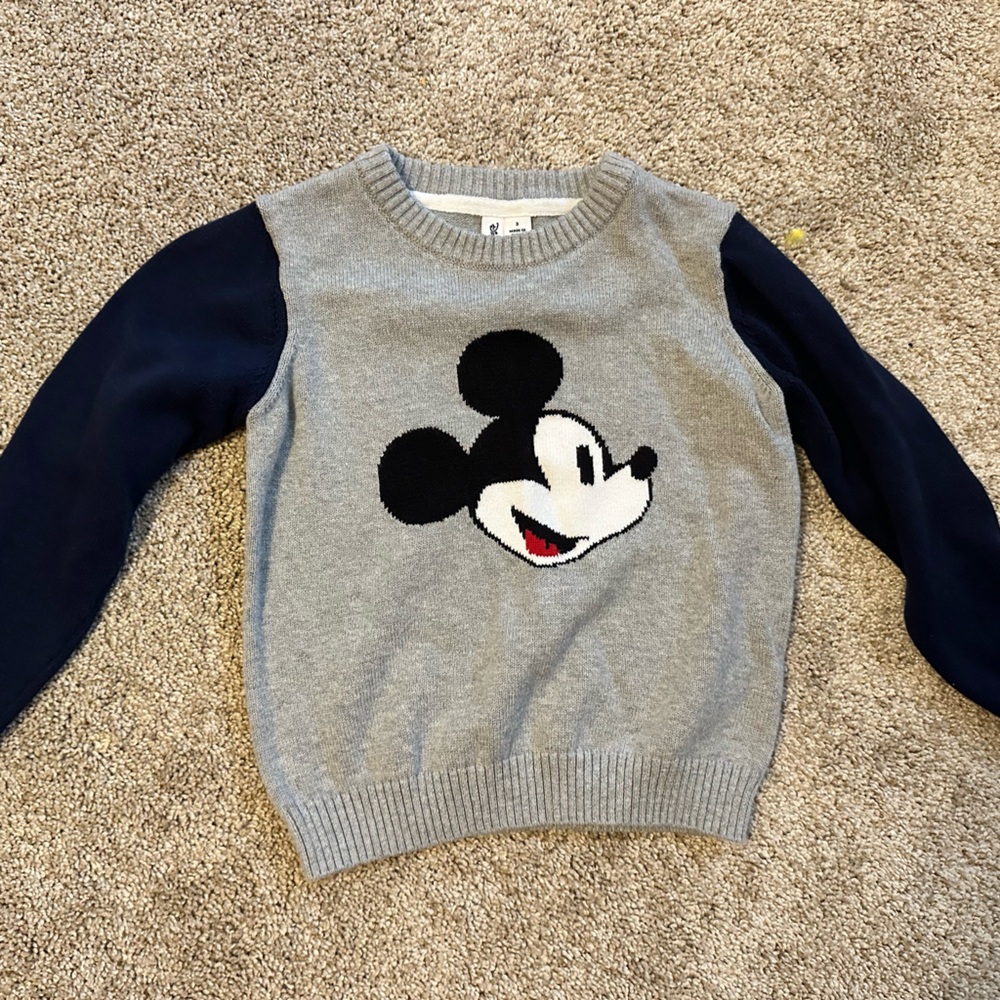 Gray Mickey Face Sweater with Navy Sleeves